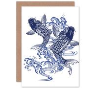 Fine Art Prints Japanese Koi Carp Illustration Greeting Card With Envelope Inside Premium Quality, Blue|beige|grey|white