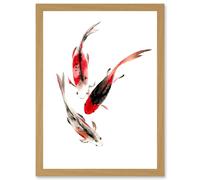 Artery8 Japan Koi Fish Black & Red Swimming Artwork Framed Wall Art Print A4 in Light Oak Artery8 Light Oak