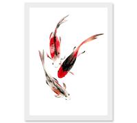 Artery8 Japan Koi Fish Black & Red Swimming Artwork Framed Wall Art Print A4 in White Artery8 White