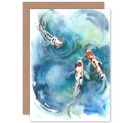 Artery8 Japan Koi Fish Near Surface Greetings Card in Blue Artery8 Blue