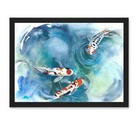 Wee Blue Coo Japanese Koi Fish Near Surface Pond White Black Orange Artwork Framed Wall Art Print A4