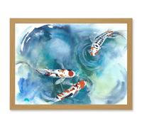 Artery8 Japan Koi Fish Near Surface Pond White Black Orange Artwork Framed Wall Art Print A4 in Light Oak Artery8 Light Oak