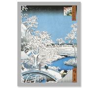 Artery8 Japan Woodblock Winter Snow Scene Bridge Over River A4 Artwork Framed Wall Art Print in Light Grey Artery8 Light Grey