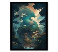 Artery8 Japanese Blue Dragon over Temples Concept Art Painting Green Orange Blue Azure Mythical Creature Guardian Spirit Lush Forest Landscape Artwork Framed Wall Art Print 18X24 Inch