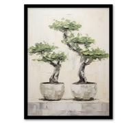 Japan Bonsai Trees In Pots Oil Painting Pallet Knife Neutral Tone Textured Tree Artwork Art Print Framed Poster Wall Decor Artery8 Black W12 inch x H16 inch