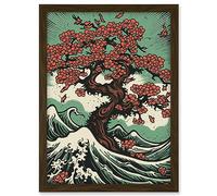 Artery8 Japanese Cherry Blossom Tree and Wavy Sea Rockabilly Americana 50s Artwork Framed A3 Wall Art Print
