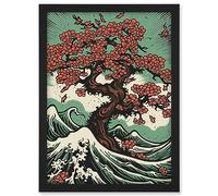 Artery8 Japanese Cherry Blossom Tree and Wavy Sea Rockabilly Americana 50s Artwork Framed A3 Wall Art Print