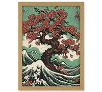 Artery8 Japanese Cherry Blossom Tree and Wavy Sea Rockabilly Americana 50s Artwork Framed A3 Wall Art Print
