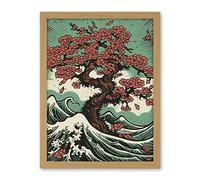 Artery8 Japanese Cherry Blossom Tree and Wavy Sea Rockabilly Americana 50s Artwork Framed Wall Art Print 18X24 Inch