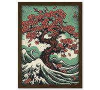Artery8 Japanese Cherry Blossom Tree and Wavy Sea Rockabilly Americana 50s Artwork Framed Wall Art Print A4