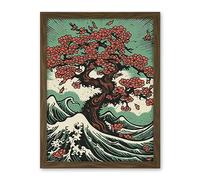 Artery8 Japanese Cherry Blossom Tree and Wavy Sea Rockabilly Americana 50s Artwork Framed Wall Art Print 18X24 Inch