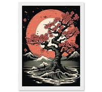Artery8 Japanese Cherry Tree at Sunset Landscape Rockabilly Americana 50s Artwork Framed A3 Wall Art Print