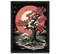 Artery8 Japanese Cherry Tree at Sunset Landscape Rockabilly Americana 50s Artwork Framed A3 Wall Art Print