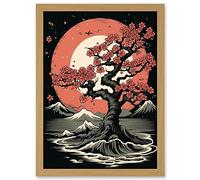 Artery8 Japanese Cherry Tree at Sunset Landscape Rockabilly Americana 50s Artwork Framed A3 Wall Art Print