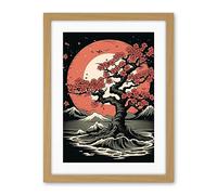 Artery8 Japanese Cherry Tree at Sunset Landscape Rockabilly Americana 50s Artwork Framed Wall Art Print 18X24 Inch