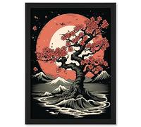 Artery8 Japanese Cherry Tree at Sunset Landscape Rockabilly Americana 50s Artwork Framed Wall Art Print A4