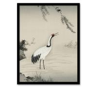 Artery8 Japanese Crane & Swallows Motonobu Vintage Framed Wall Art Print in Green | Size: A4 Artery8 Green A4