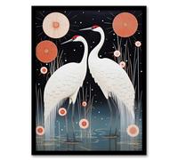 Artery8 Japanese Cranes Oil Painting Pink Blue White Birds and Abstract Flowers Surreal Lake Landscape at Night Artwork Framed Wall Art Print 18X24 Inch