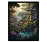 Artery8 Japanese Garden Painting Traditional Tower and Tree Lanterns by Lake Spring Flowers and Bridge Artwork Framed Wall Art Print A4