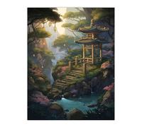 Artery8 Japanese Garden Painting Traditional Tower and Tree Lanterns by Lake Spring Flowers and Bridge Extra Large XL Wall Art Poster Print