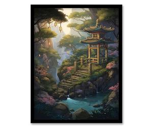 Artery8 Japanese Garden Painting Traditional Tower and Tree Lanterns by Lake Spring Flowers and Bridge Artwork Framed Wall Art Print A4