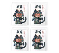 Artery8 Japanese Kimono Cat Lover Floral Japan Pack of 4 Greeting Cards | Size: 4 Pack Artery8 Multicolor 4 Pack