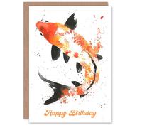 Artery8 Japanese Kohaku Koi Fish Watercolour Blank For Him Or Her Art Birthday Card