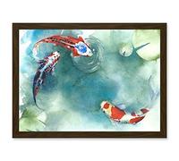 Artery8 Japanese Koi Carp Fish With Lilies A4 Artwork Framed Wall Art Print