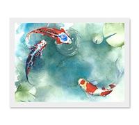 Artery8 Japanese Koi Carp Fish With Lilies A4 Artwork Framed Wall Art Print