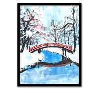 Artery8 Japanese River Bridge in Winter Forest Landscape Living Room Artwork Framed Wall Art Print 18X24 Inch