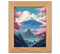 Artery8 Japanese Temple & Mount Fuji Lake - Cherry Blossoms Art - Oak Wood Framed Print