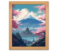 Artery8 Japanese Temple & Mount Fuji Lake - Cherry Blossoms Art - Oak Wood Framed Print