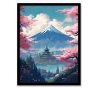 Wall Art Print Japan Temple on Mount Fuji Lake Painting Green Blue Pink Cherry Blossom Trees Blooming in Tranquil Forest Landscape Art Framed Artery8 Pink A4