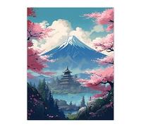 Artery8 Japanese Temple on Mount Fuji Lake Painting Green Blue Pink Cherry Blossom Trees Blooming in Tranquil Forest Landscape Large Wall Art Poster Print Thick Paper 18X24 Inch