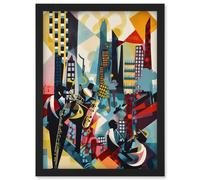 Artery8 Jazz Musicians Playing on an Urban Landscape Rooftop Abstract Modern Watercolour Illustration Artwork Framed Wall Art Print A4 in Black Artery8 Black