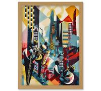 Artery8 Jazz Musicians Playing on an Urban Landscape Rooftop Abstract Modern Watercolour Illustration Artwork Framed Wall Art Print A4