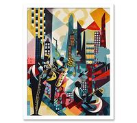 Artery8 Jazz Musicians Playing on an Urban Landscape Rooftop Abstract Modern Watercolour Illustration Art Print Framed Poster Wall Decor 12x16 inch