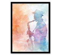 Artery8 Jazz Saxophonist Rainbow Smoke Light Watercolour Framed Art Print | Size: W12" x H16" Artery8 Multicolor W12" x H16"