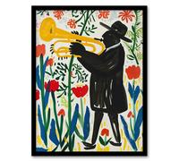 Artery8 Jazz Trombonist in Tulips Painting Fun Colourful Living Room Artwork Framed Wall Art Print A4