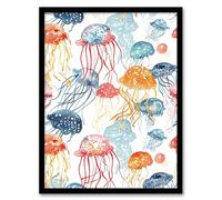 Artery8 Jellyfish Blue Pink Orange Bright Watercolour Bathroom Toilet Artwork Framed Wall Art Print 18X24 Inch