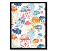 Artery8 Jellyfish Blue Pink Orange Bright Watercolour Bathroom Toilet Artwork Framed Wall Art Print A4