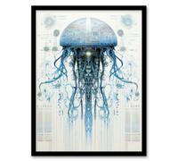 Artery8 Jellyfish Military Robot Hybrid Schematic Blue Futuristic Secret Complex Arcane Manuscript Wall Art Print - A4 Size