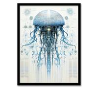 Jellyfish Military Robot Hybrid Schematic Blueprint Futuristic Secret Complex Arcane Manuscript Gift For Him Man Cave Art Print Framed Poster Wall Dec Artery8 Black W12 inch x H16 inch