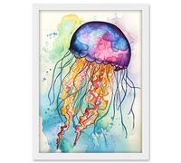 Artery8 Jellyfish Swimming Folk Art Watercolour Painting Artwork Framed A3 Wall Art Print