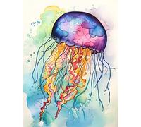 Artery8 Jellyfish Swimming Folk Art Watercolour Painting Extra Large XL Wall Art Poster Print