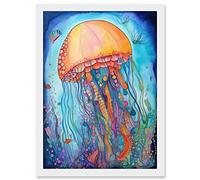 Artery8 Jellyfish With Aquatic Plants Folk Art Watercolour Painting Artwork Framed A3 Wall Art Print