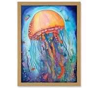 Artery8 Jellyfish With Aquatic Plants Folk Art Watercolour Painting Artwork Framed A3 Wall Art Print