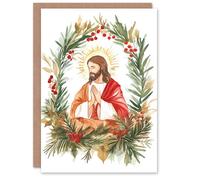 Artery8 Jesus Christ Pine Leaf Holly Wreath Blank For Him Or Her Art Xmas Festive Christmas Card