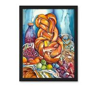Artery8 Jewish Challah Bread And Fruit Folk Art Watercolour Painting Artwork Framed Wall Art Print 18X24 Inch