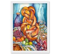 Artery8 Jewish Challah Bread & Fruit Folk Art Watercolour Painting Artwork Framed Wall Art Print A4 in White Artery8 White